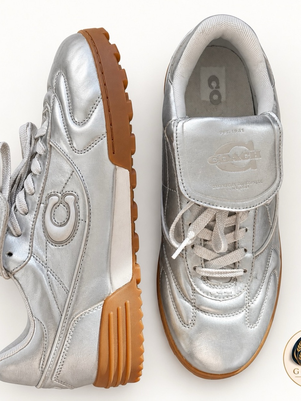 Coach Metallic Silver Leather Sneakers with Tan Gum Sole